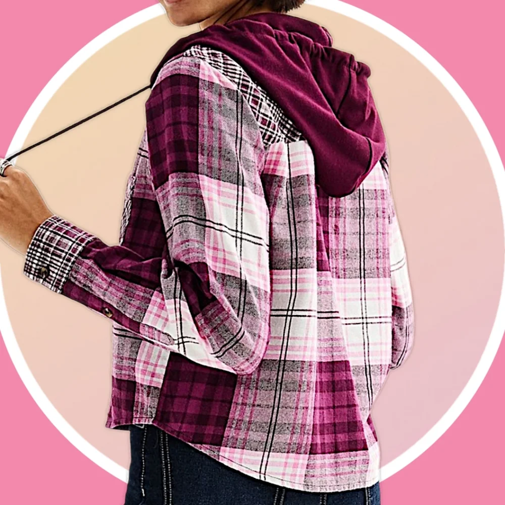 NWT 2XL Cropped Plaid Button Up Hoodie w 2 Pockets & High Low Hemline - Picture 12 of 16
